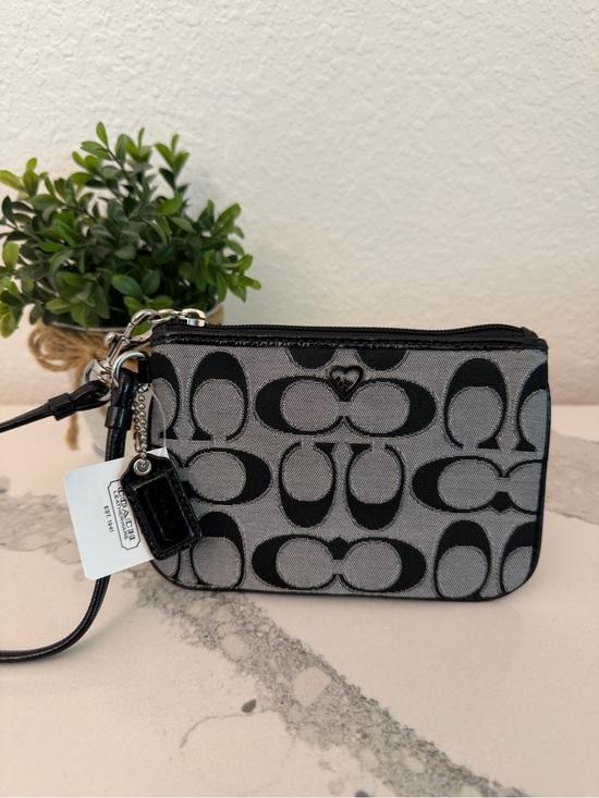 Coach Handbags - COACH POPPY Signature Small Wristlet with Heart Charm NWT Black Grey